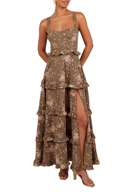 Women's Olive Print Tiered Maxi Dress