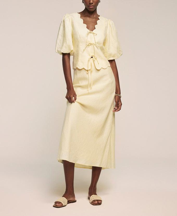 Yellow Linen Scallop Skirt Suit