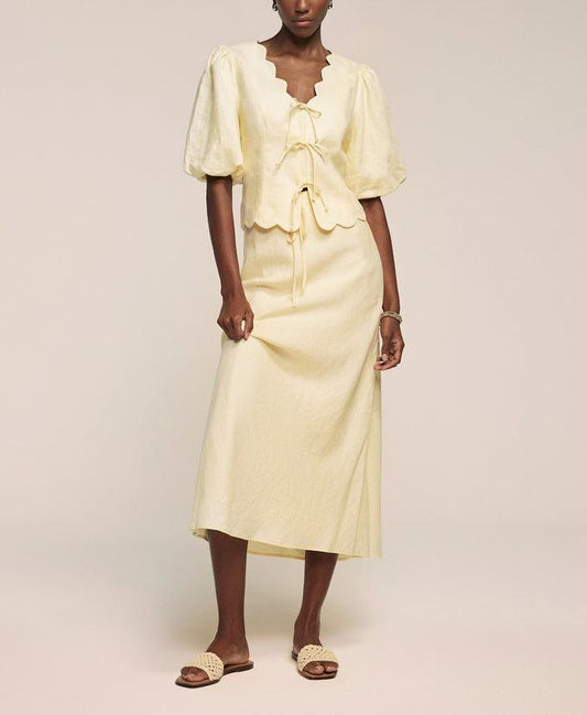 Yellow Linen Scallop Skirt Suit
