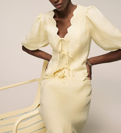 Yellow Linen Scallop Skirt Suit