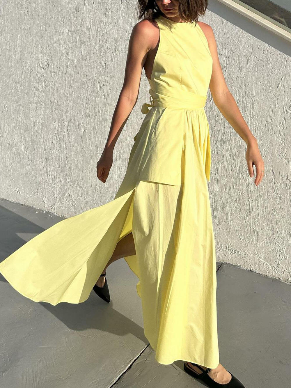 Casual Unique Side Slit Tie Pocket Vest Dress