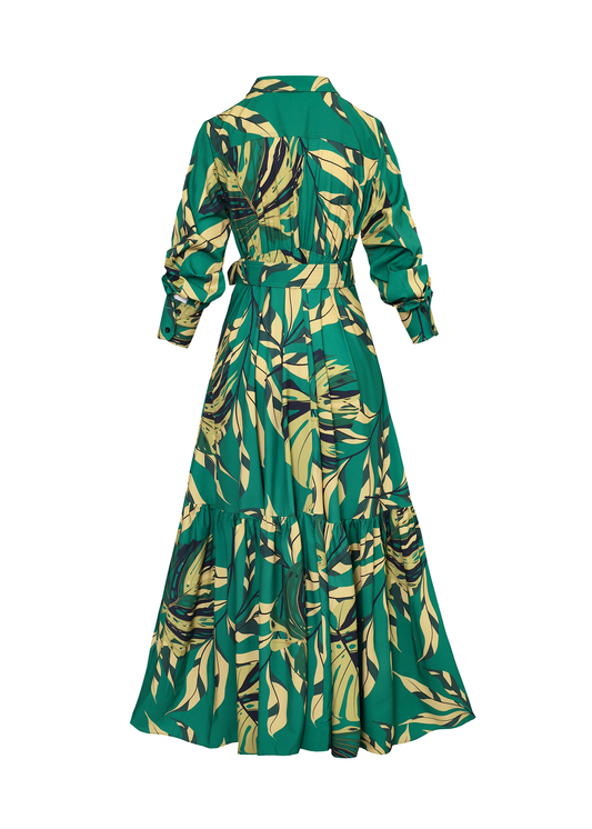 Women's Elegant Print Belted Long Sleeve Dress