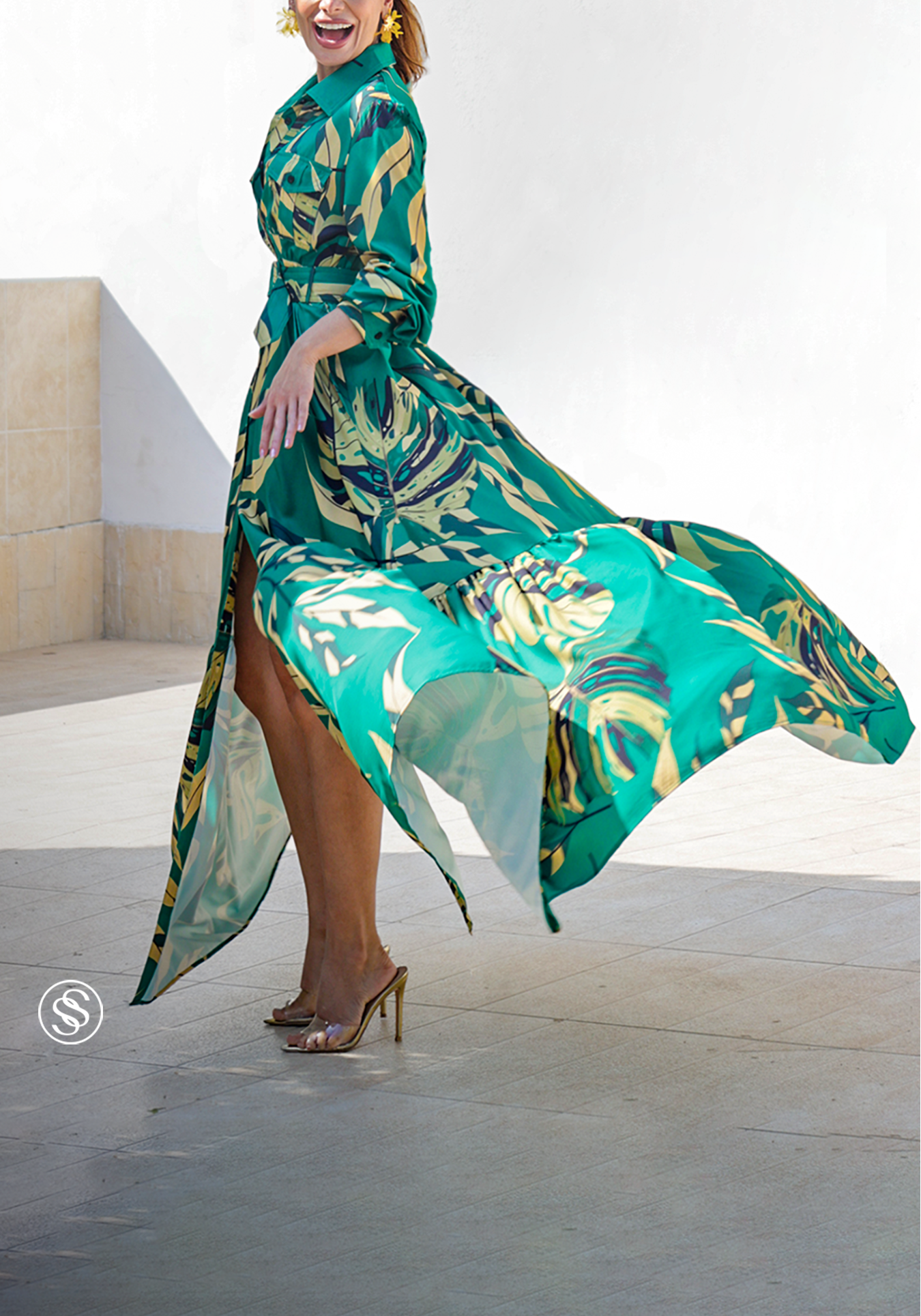Women's Elegant Print Belted Long Sleeve Dress