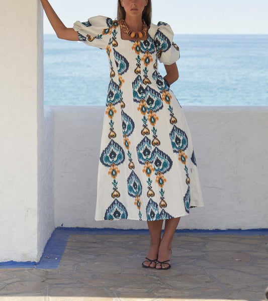 Square Neck Printed Midi Skirt