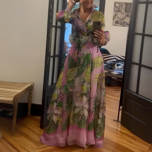 Tulle Floral Print Elastic Waist Belt Pockets Maxi Skirt