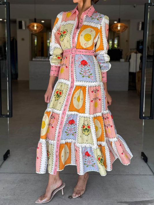 Printed Long Sleeve Belted Maxi Dress