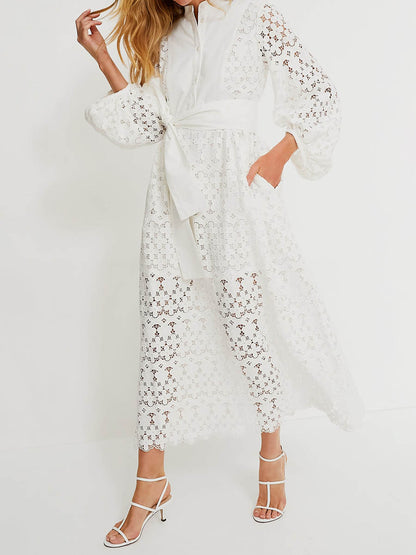 Lace Patchwork Puff Sleeve Belted Maxi Dress