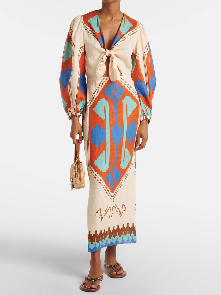 Printed Tie-detail V Neck Dress
