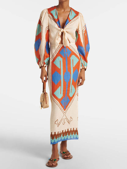 Printed Tie-detail V Neck Dress
