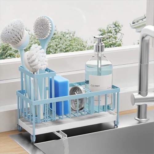 Cisily Sponge Holder for Kitchen Sink, Sink Caddy Organizer with High Brush Holder, Kitchen Countertop Organizers and Storage Essentials, Rustproof 304 Stainless Steel (Black, 9.25″)