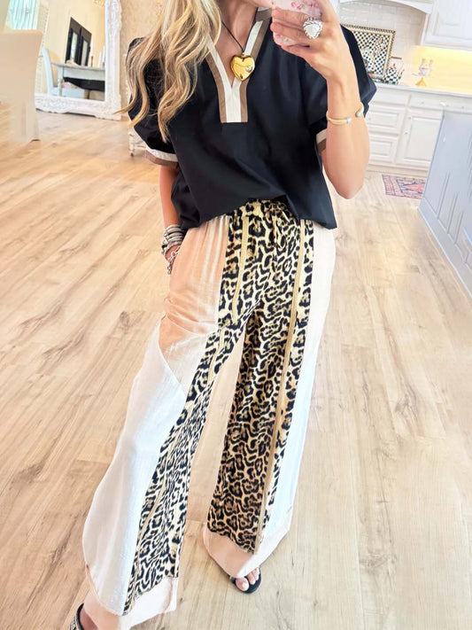 Ballon Sleeve Top & Leopard Print Wide Leg Pants