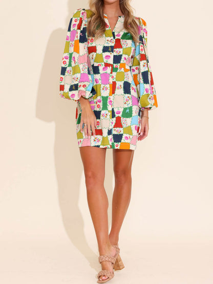 Printed Button Up Puff Sleeve Dress