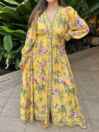 V Neck Printed Long Sleeve Dress