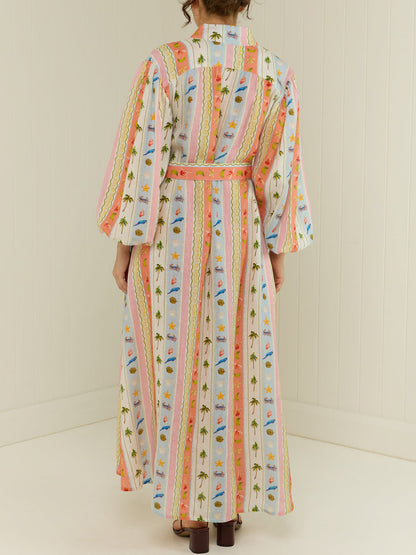 Printed Button Up Belted Maxi Dress