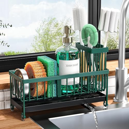 Cisily Sponge Holder for Kitchen Sink, Sink Caddy Organizer with High Brush Holder, Kitchen Countertop Organizers and Storage Essentials, Rustproof 304 Stainless Steel (Black, 9.25″)