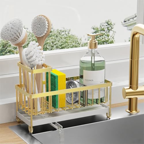 Cisily Sponge Holder for Kitchen Sink, Sink Caddy Organizer with High Brush Holder, Kitchen Countertop Organizers and Storage Essentials, Rustproof 304 Stainless Steel (Black, 9.25″)