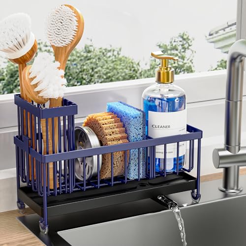 Cisily Sponge Holder for Kitchen Sink, Sink Caddy Organizer with High Brush Holder, Kitchen Countertop Organizers and Storage Essentials, Rustproof 304 Stainless Steel (Black, 9.25″)