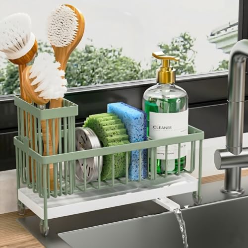 Cisily Sponge Holder for Kitchen Sink, Sink Caddy Organizer with High Brush Holder, Kitchen Countertop Organizers and Storage Essentials, Rustproof 304 Stainless Steel (Black, 9.25″)