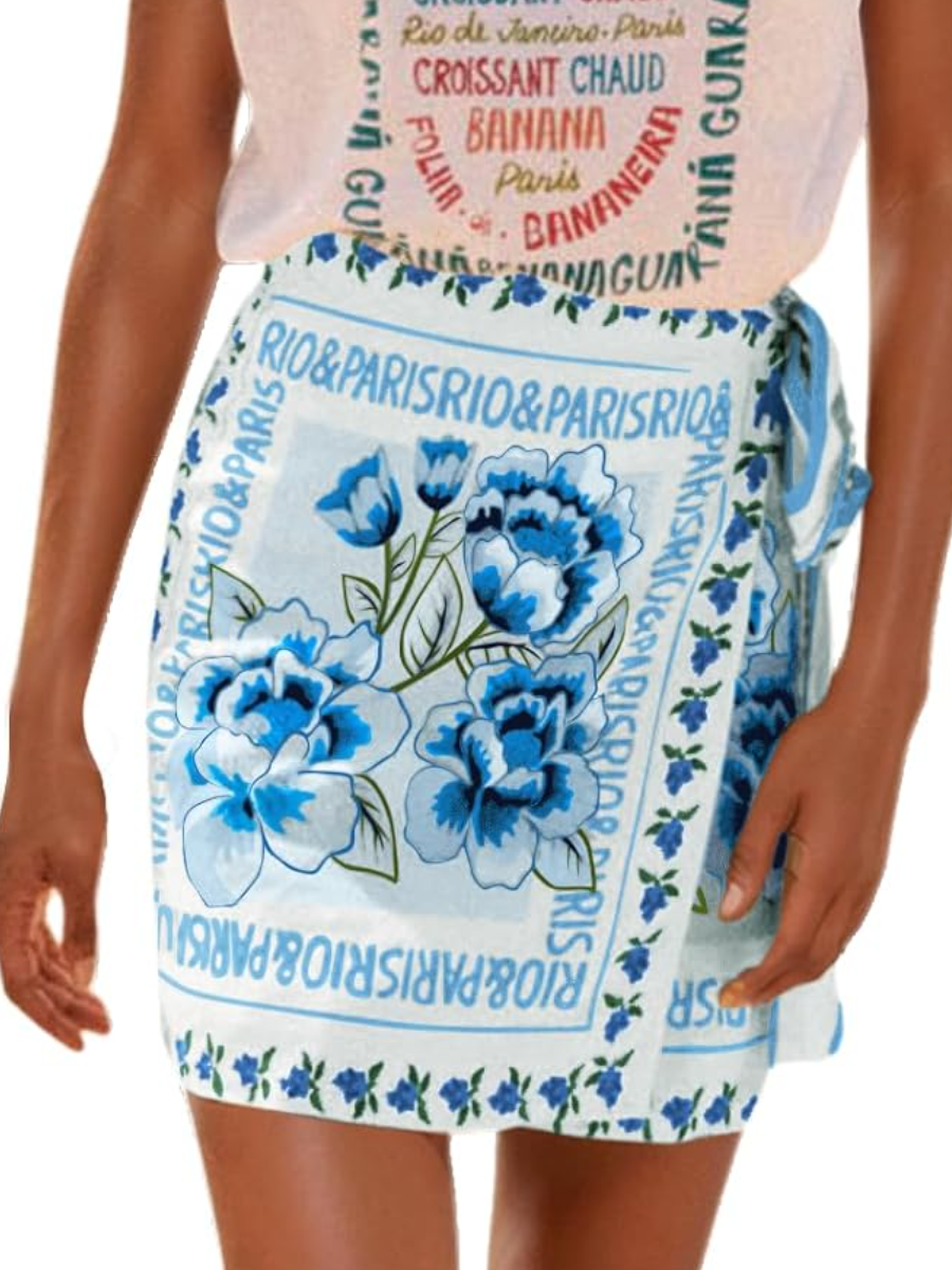 Summer Floral Print Wrap Short Skirt