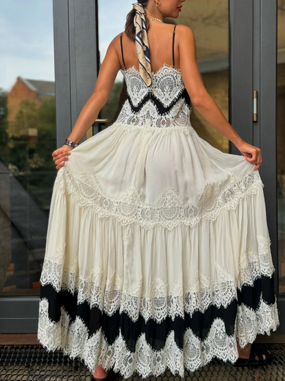 Lace Stitching Black And White Contrast Waist Strap Dress