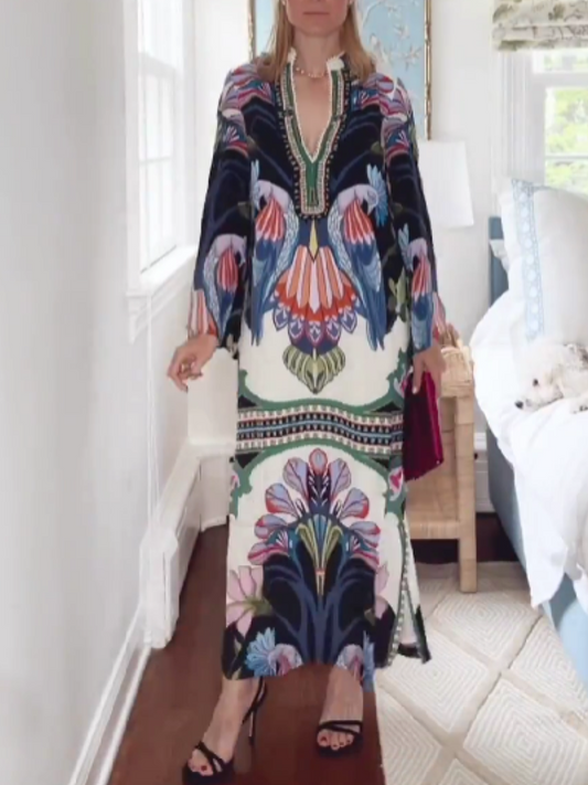 V-Neck Printed Casual Dress