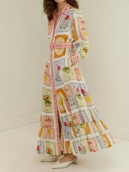 Printed Long Sleeve Belted Maxi Dress