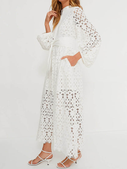 Lace Patchwork Puff Sleeve Belted Maxi Dress