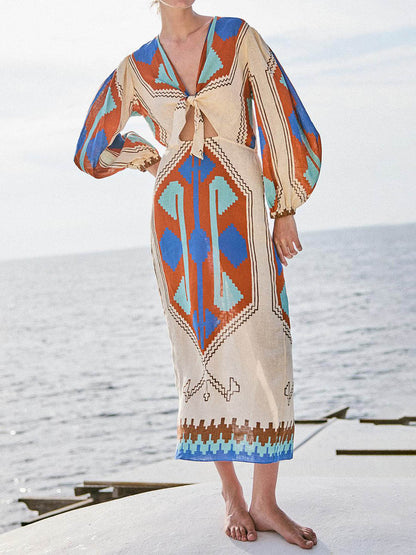 Printed Tie-detail V Neck Dress