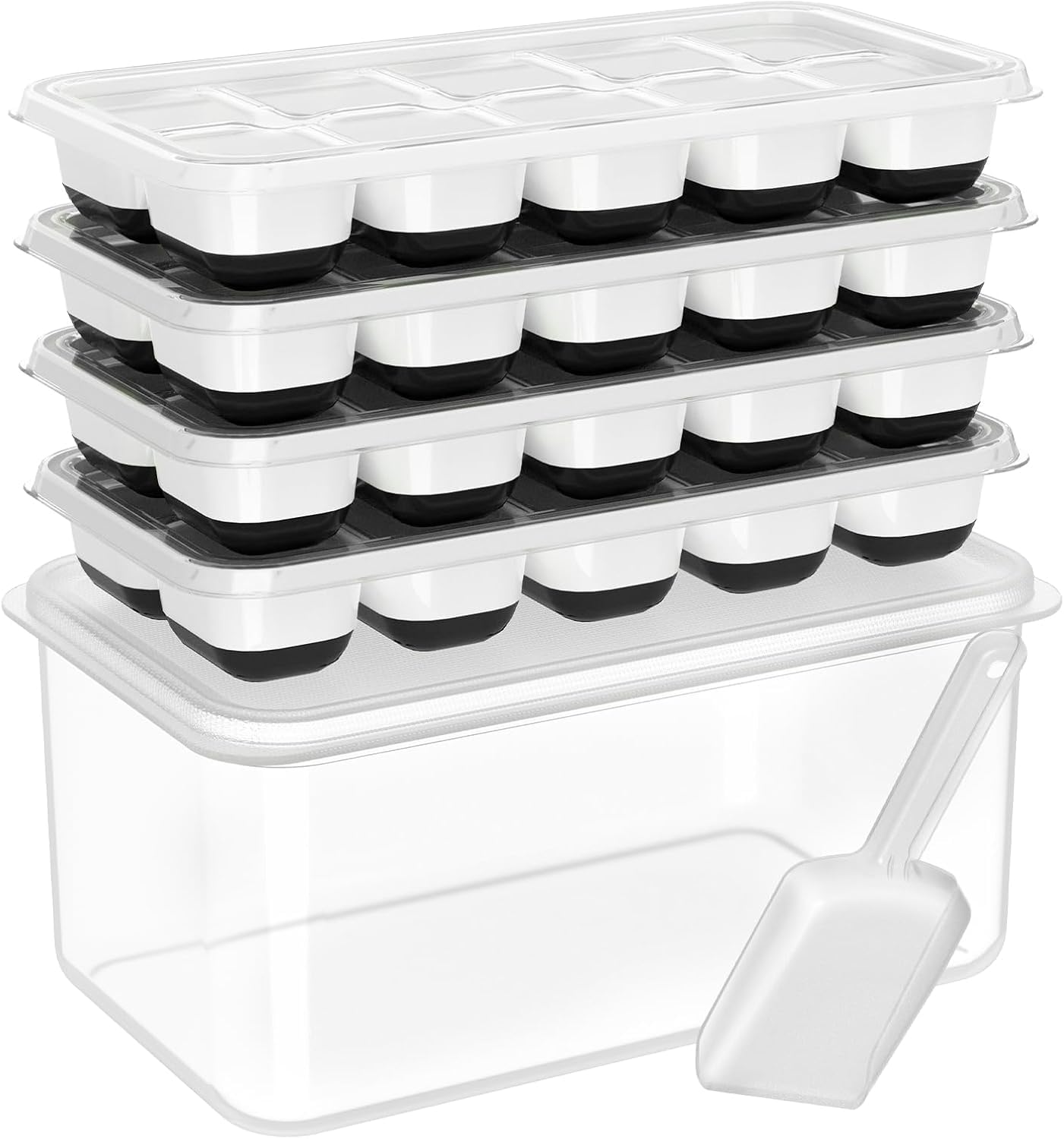 Silicone Ice Cube Trays with Lid & Bin — 4 Pack