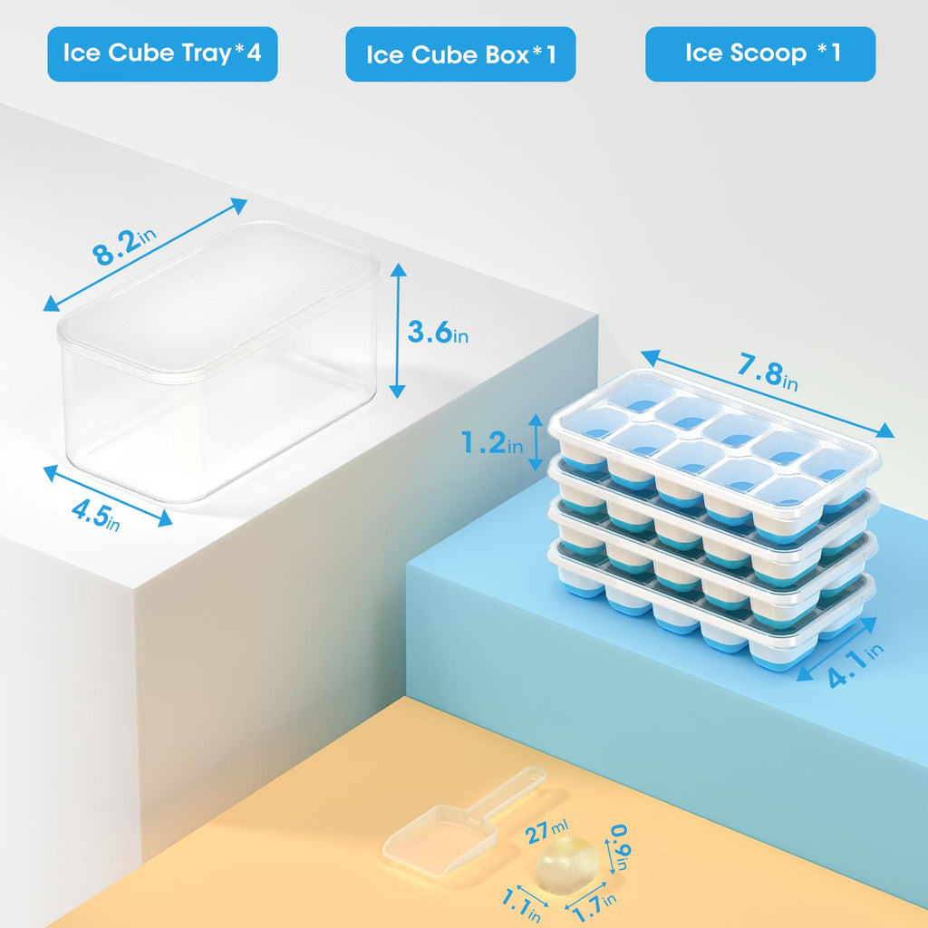 Silicone Ice Cube Trays with Lid & Bin — 4 Pack
