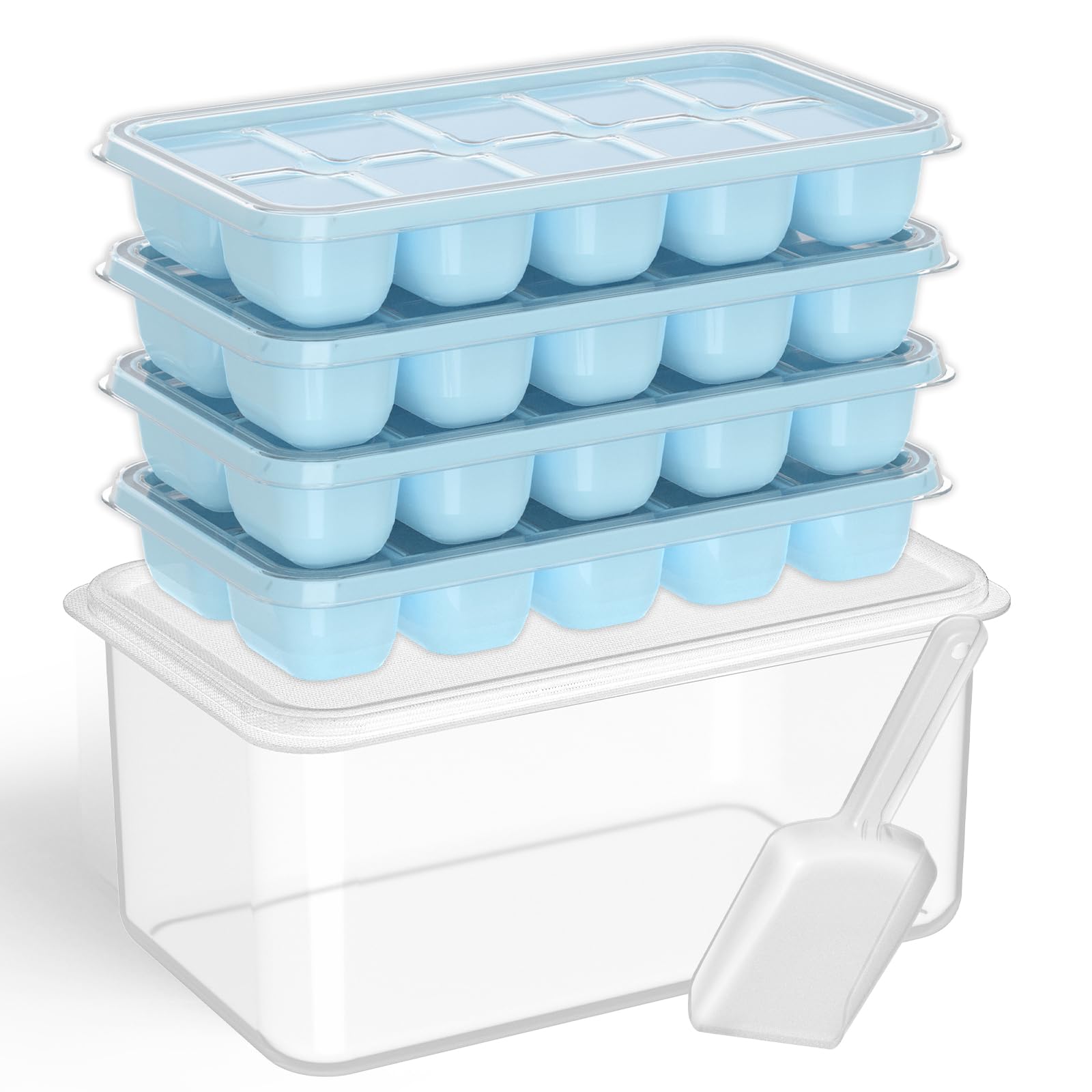 Silicone Ice Cube Trays with Lid & Bin — 4 Pack