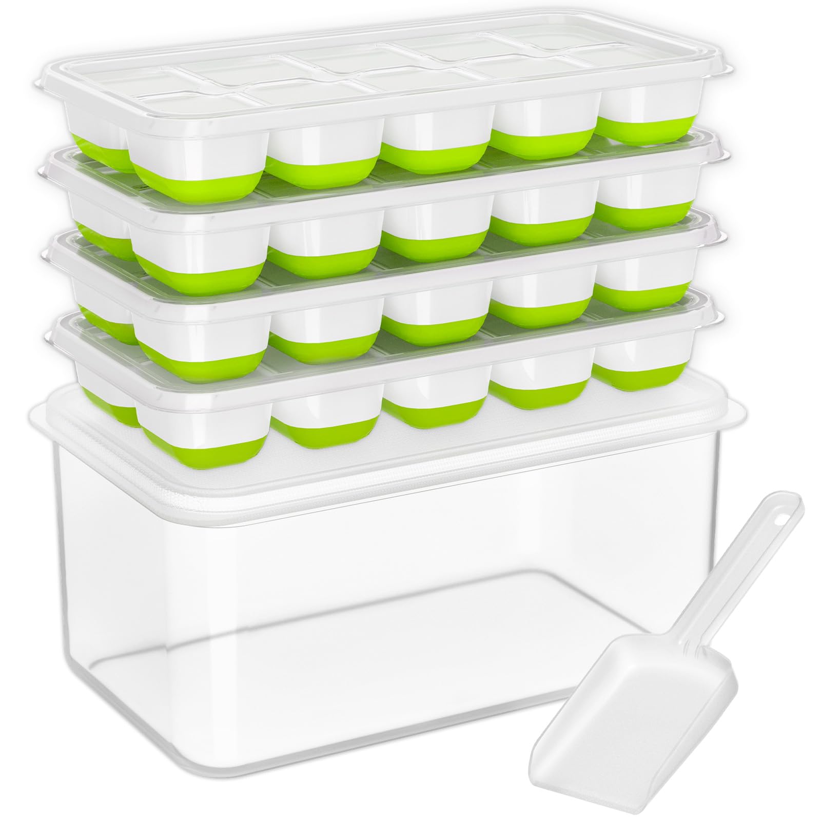 Silicone Ice Cube Trays with Lid & Bin — 4 Pack