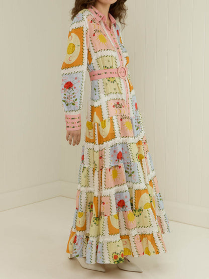 Printed Long Sleeve Belted Maxi Dress