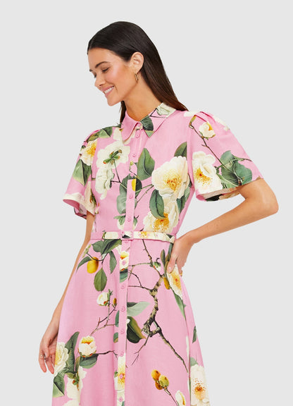 Butterfly Sleeve Midi Dress - Camelia Print