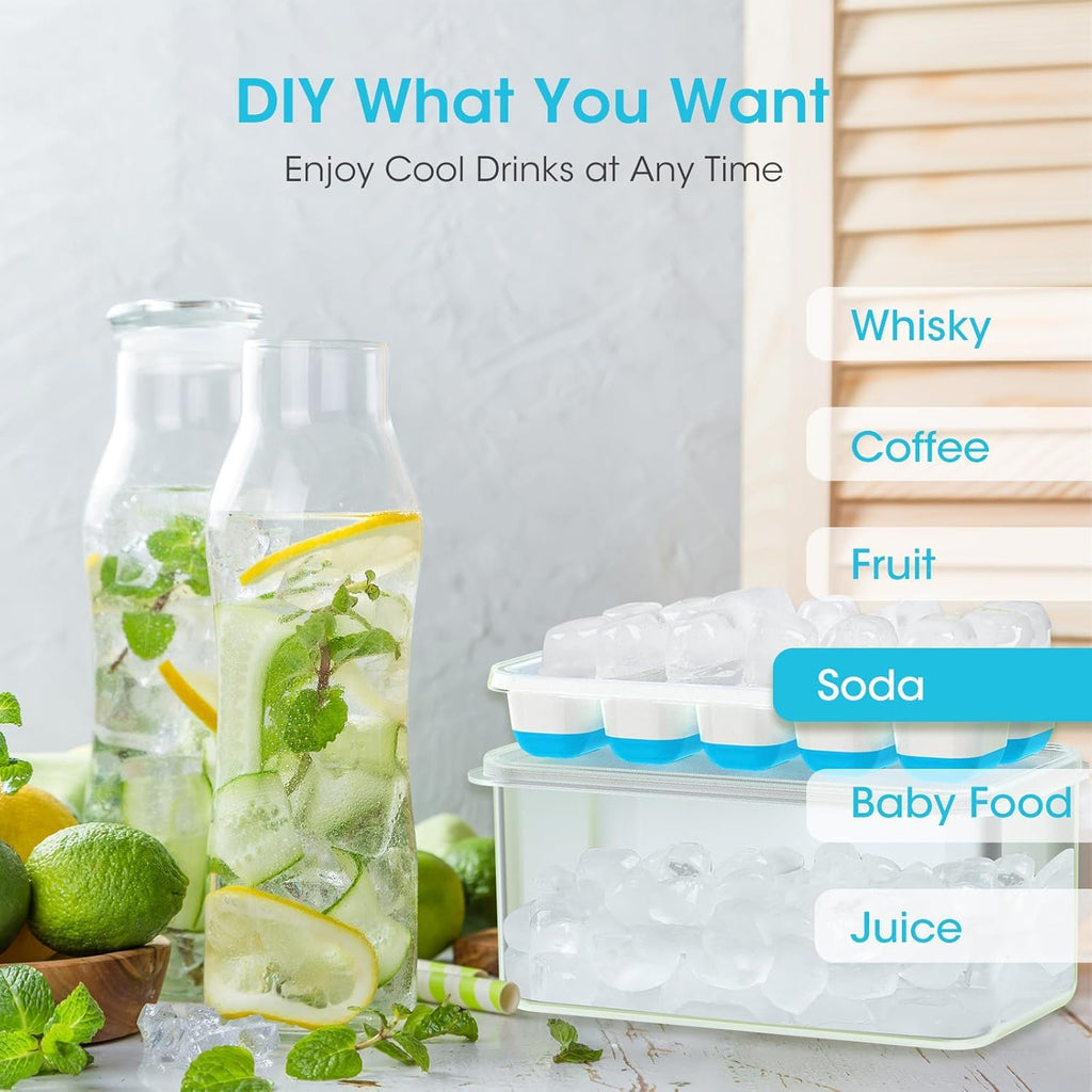 Silicone Ice Cube Trays with Lid & Bin — 4 Pack