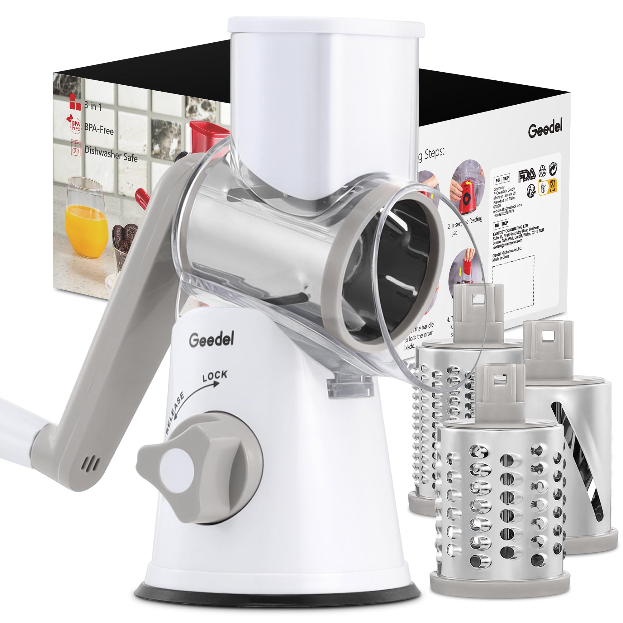 Rotary Cheese Grater & Mandoline Slicer — 3 Blades