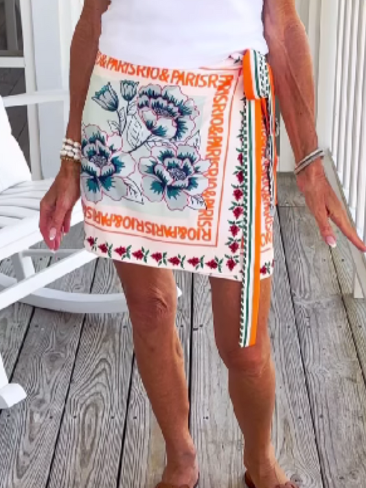 Summer Floral Print Wrap Short Skirt