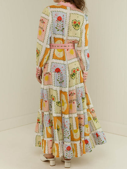 Printed Long Sleeve Belted Maxi Dress