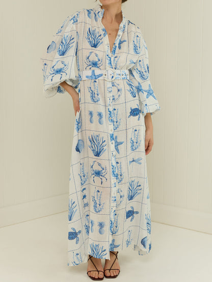 Printed Button Up Belted Maxi Dress