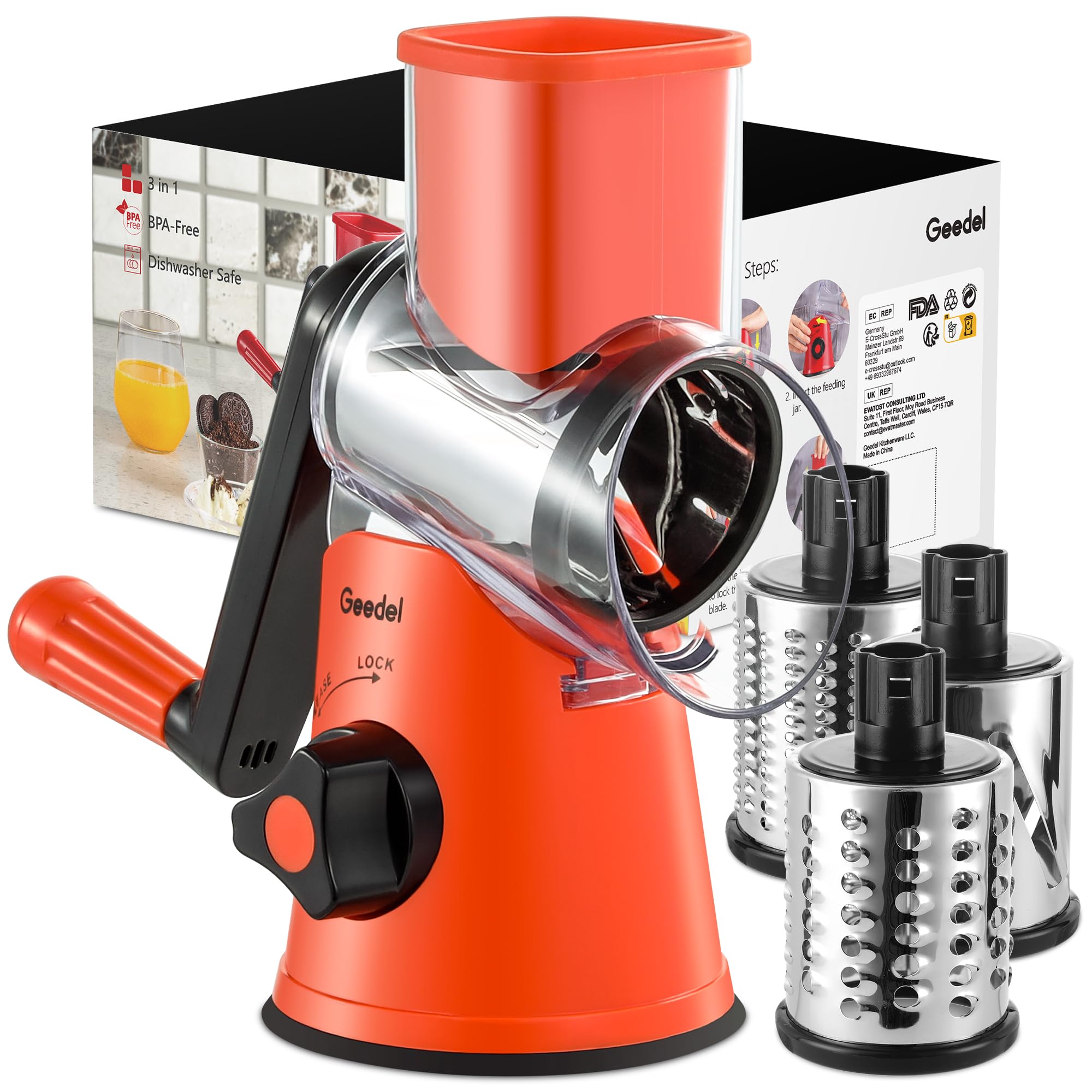 Rotary Cheese Grater & Mandoline Slicer — 3 Blades