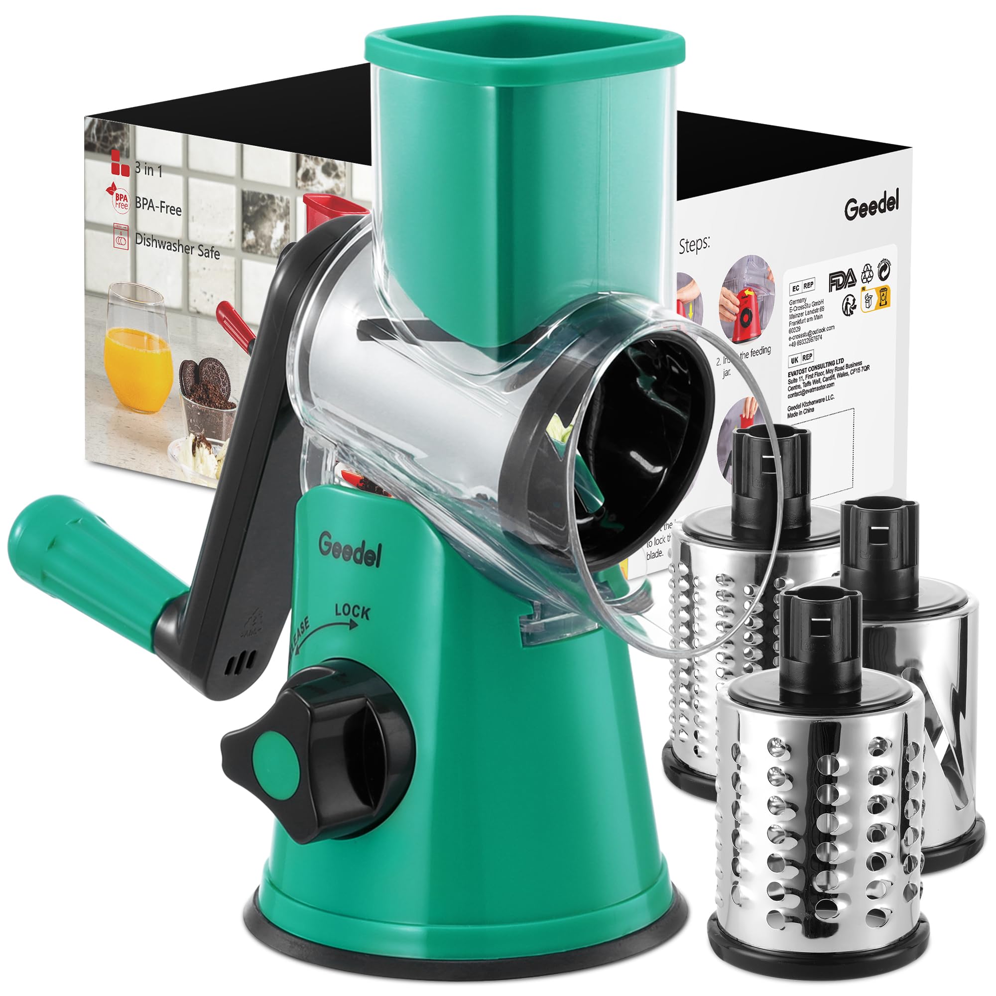 Rotary Cheese Grater & Mandoline Slicer — 3 Blades