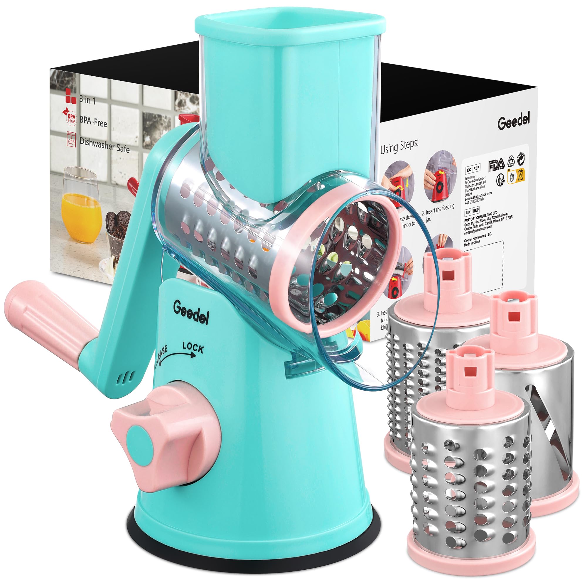 Rotary Cheese Grater & Mandoline Slicer — 3 Blades