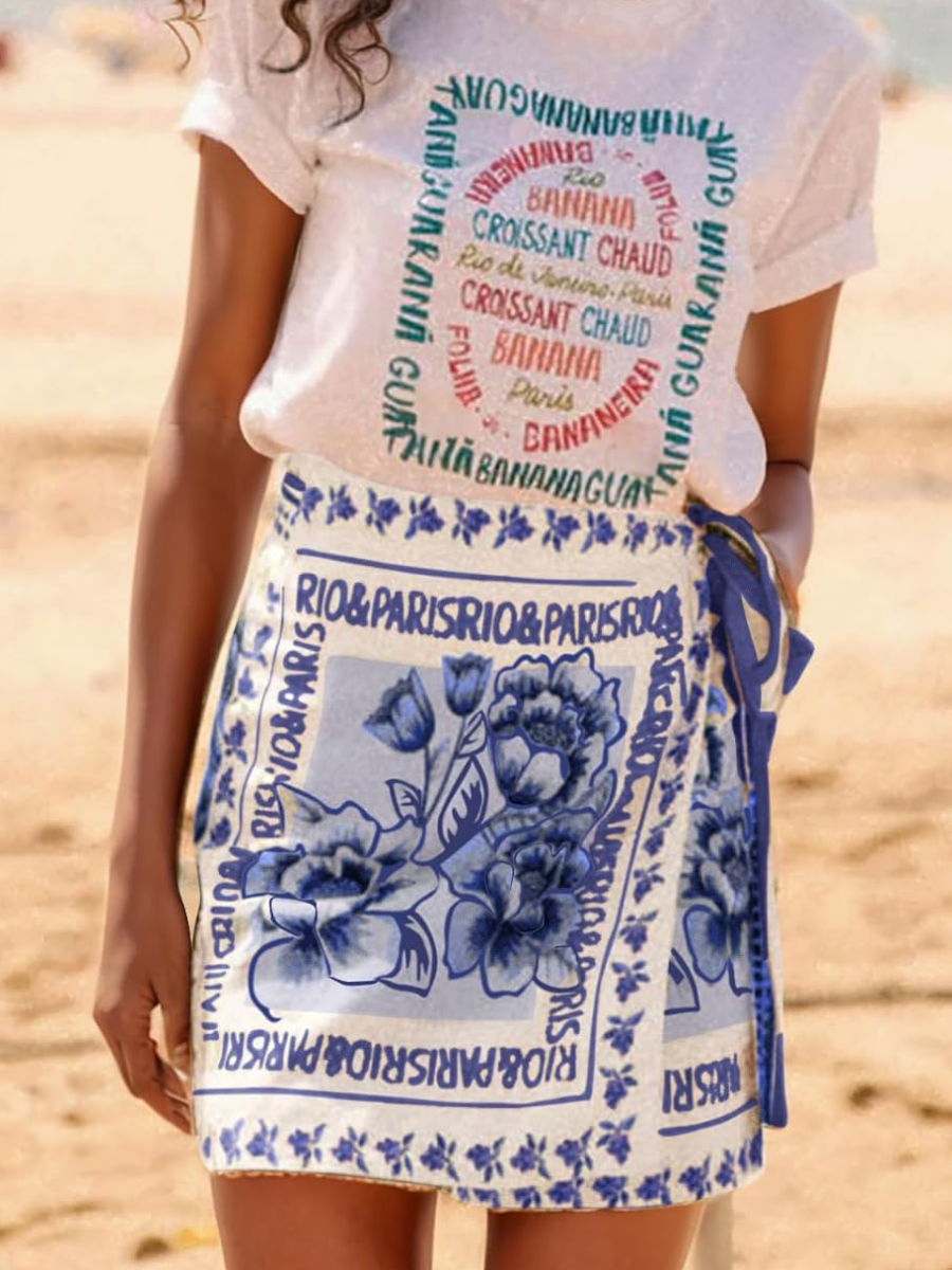 Summer Floral Print Wrap Short Skirt