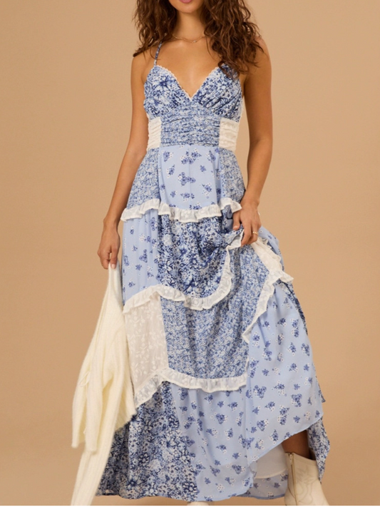 Casual Holiday Style Simple Sexy Lace Stitching Floral Dress