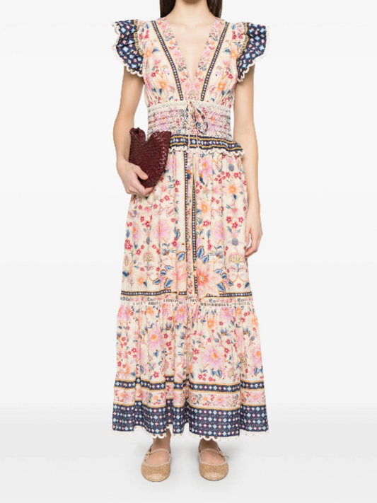 V-Neck Tight Waist Printed Dress