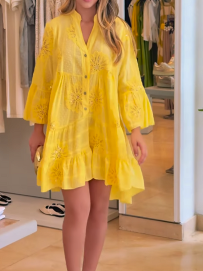 Solid Color V-Neck Loose Embroidery Hollow Lace Trumpet Sleeve Casual Dress