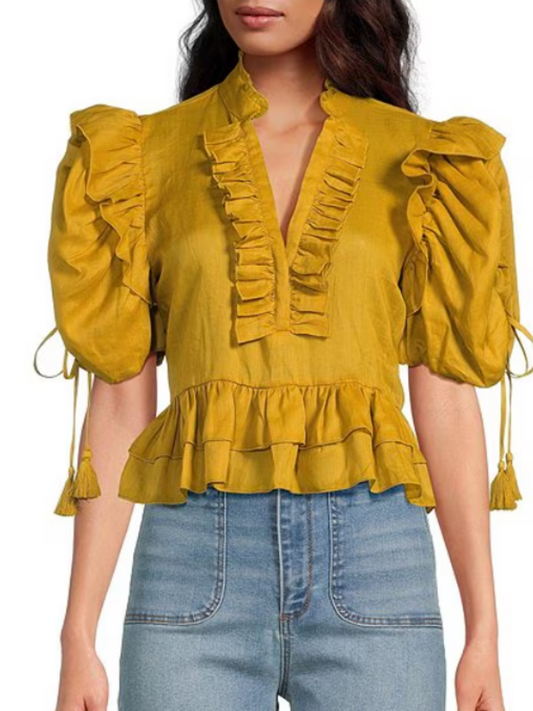 Woven Ruffled Split V-Neck Top