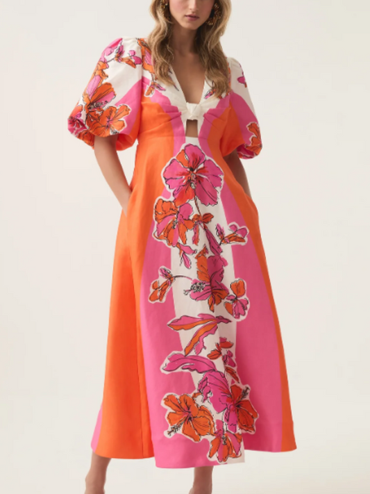 Deep V Printed Dress