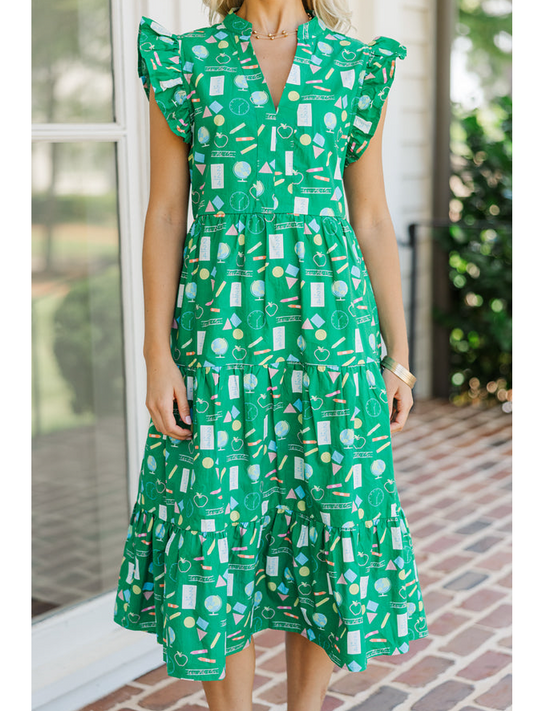 V-Neck Printed Dress With Ruffled Cuffs